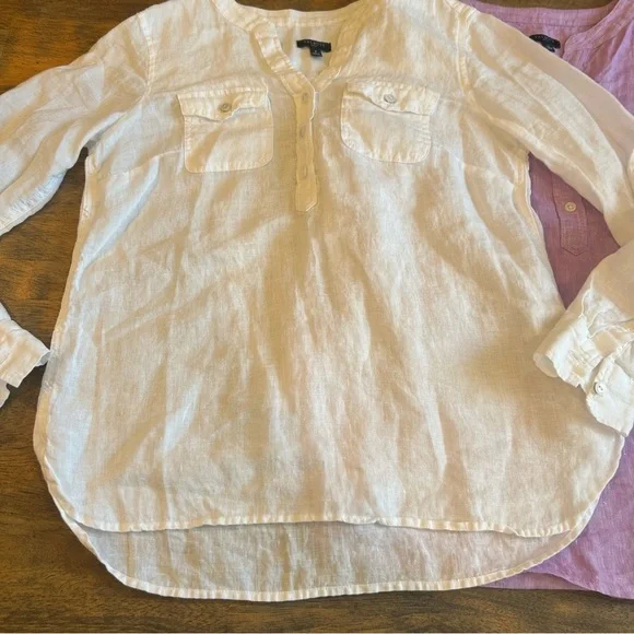 Talbots Women’s Petite Linen Henley Tops White & Lavender 2-Pack - Picture 4 of 7